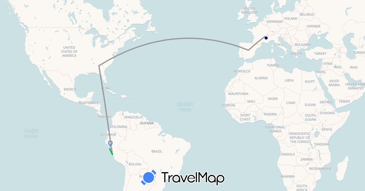 TravelMap itinerary: driving, bus, plane, cycling in Spain, France, Peru, United States (Europe, North America, South America)
